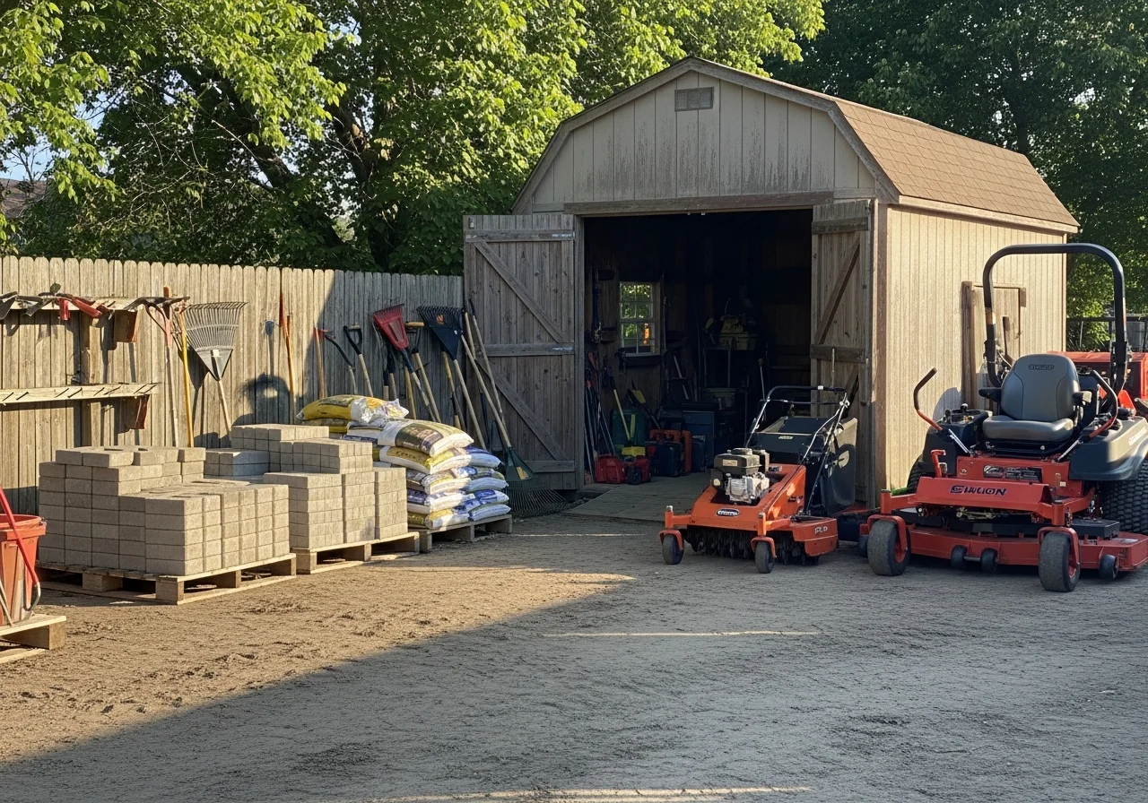 Landscaping equipment and tools ready for lawn maintenance and hardscaping work.