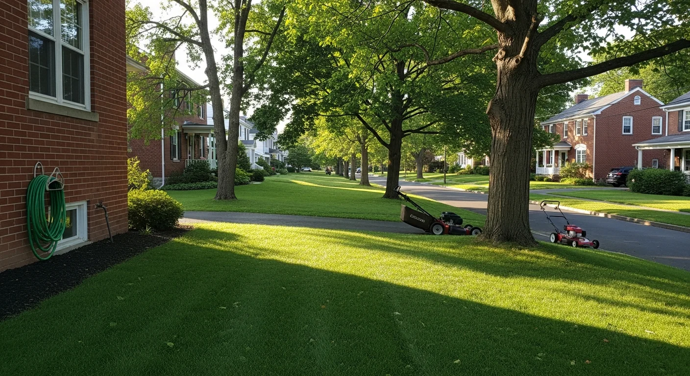 Wide view of Adams County residential street with historic brick homes and mature trees lining the road.