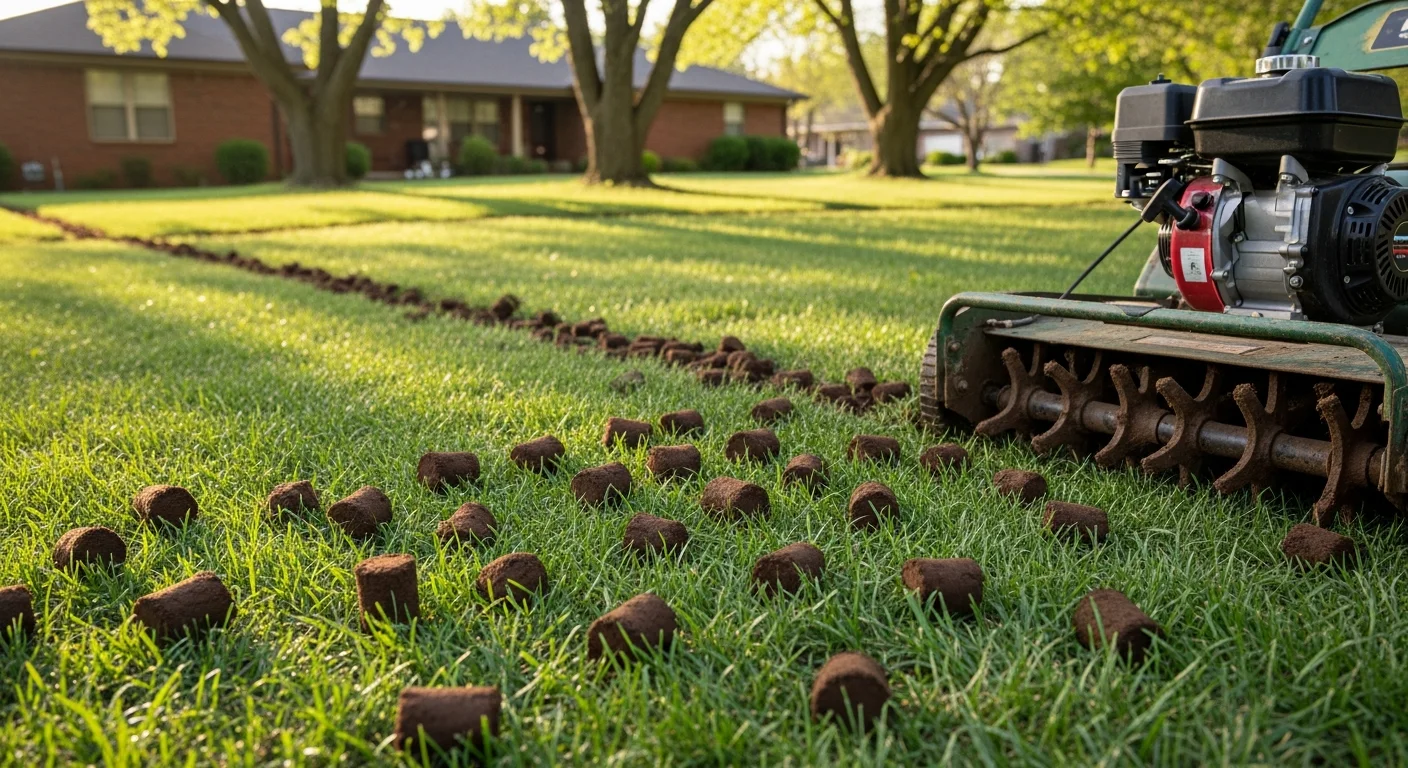 A core aerator pulling small soil plugs from a green residential lawn in Adams County, PA. Rows of aeration holes are visible across the turf, with soil cores resting on the grass surface.