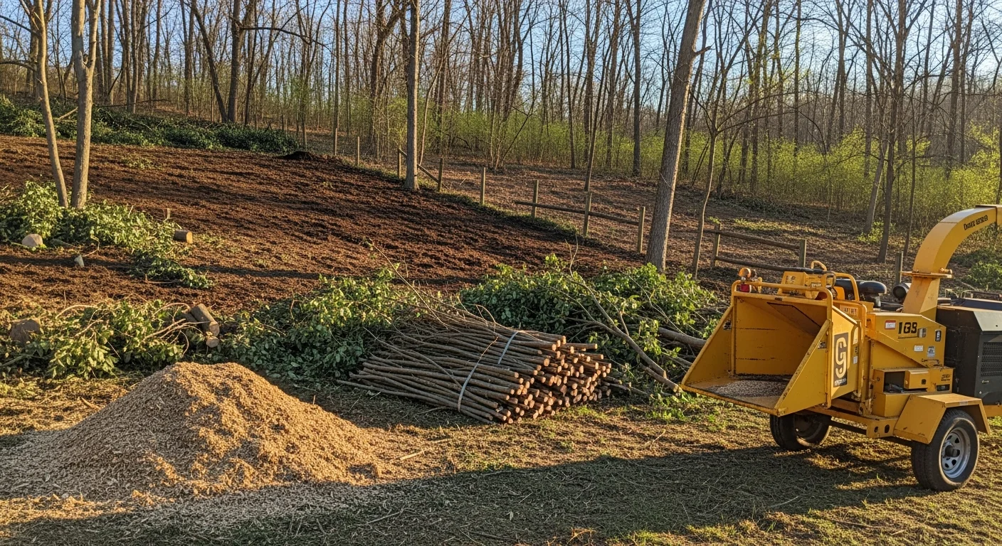 A cleared residential lot in Adams County, PA showing open ground and clean fence lines after brush and overgrown shrub removal. Dense wild growth has been cut back from the field edge, leaving the property accessible and tidy.