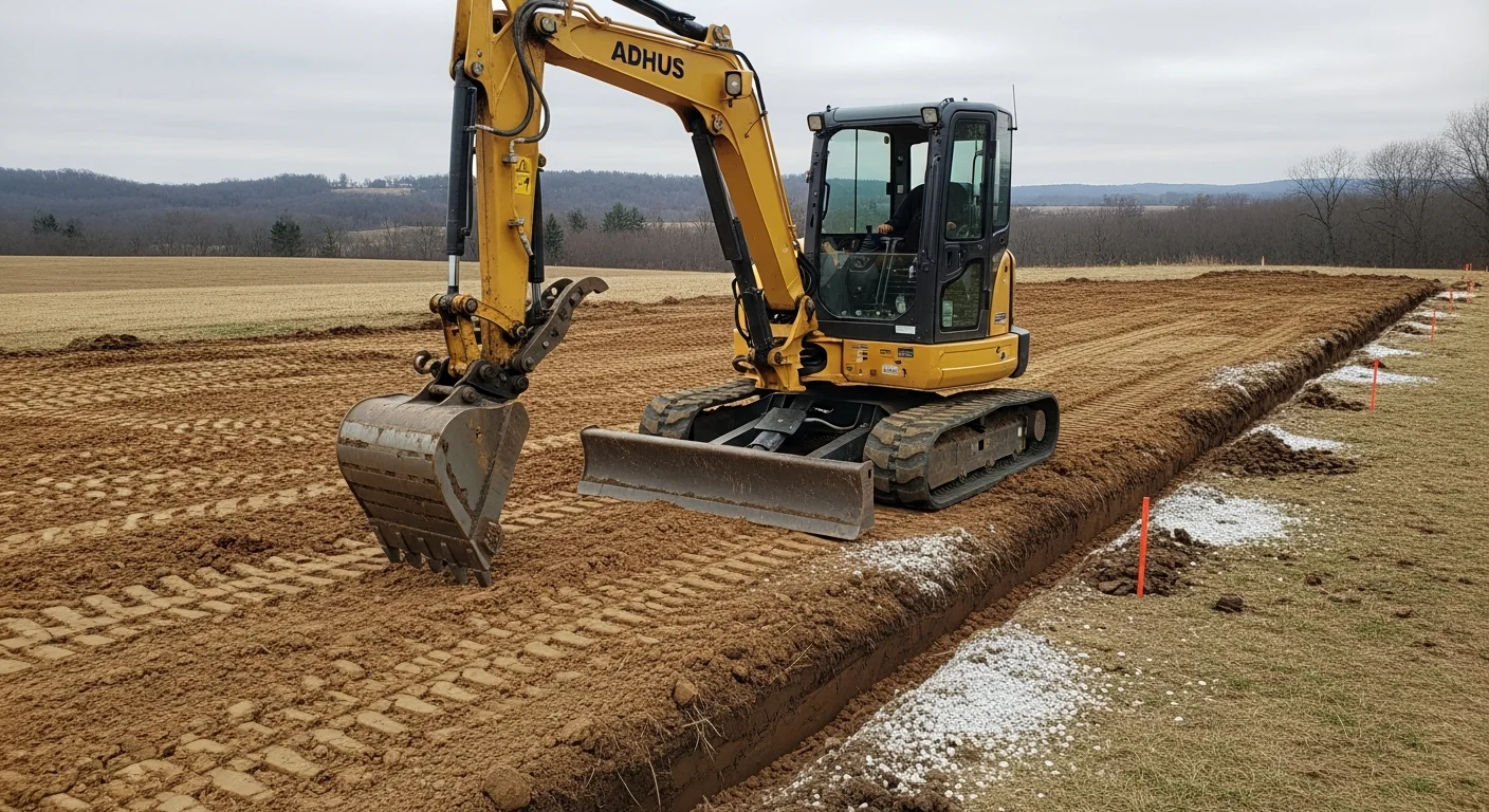 A compact excavator positioned on a clay-soil job site in Adams County, PA, with freshly turned earth and rolling farmland visible in the background. The machine is mid-dig on a residential grading project near a rural property.