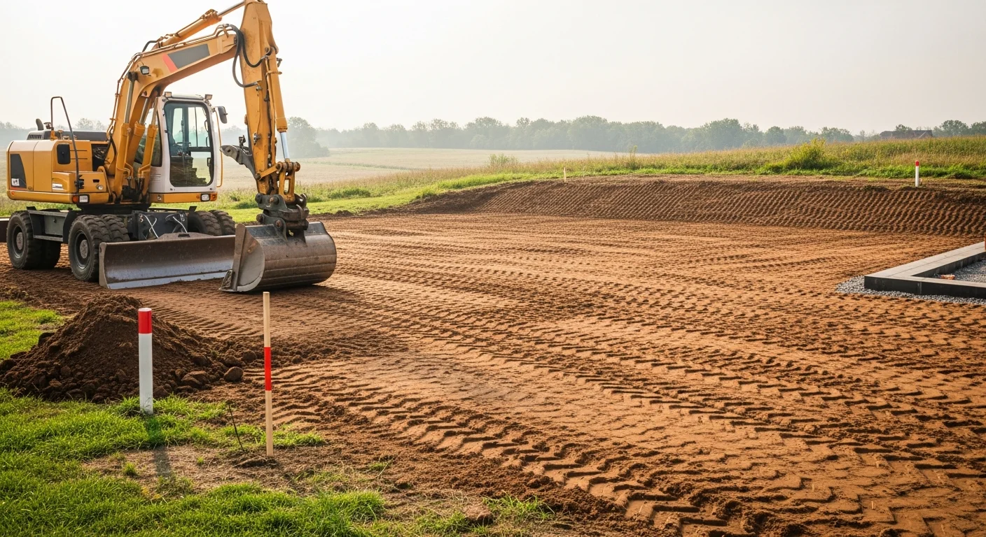 A graded residential lot in Adams County, PA showing freshly leveled soil sloped away from a home's foundation. The surrounding terrain reflects the county's rolling landscape with compacted earth ready for seeding or construction.