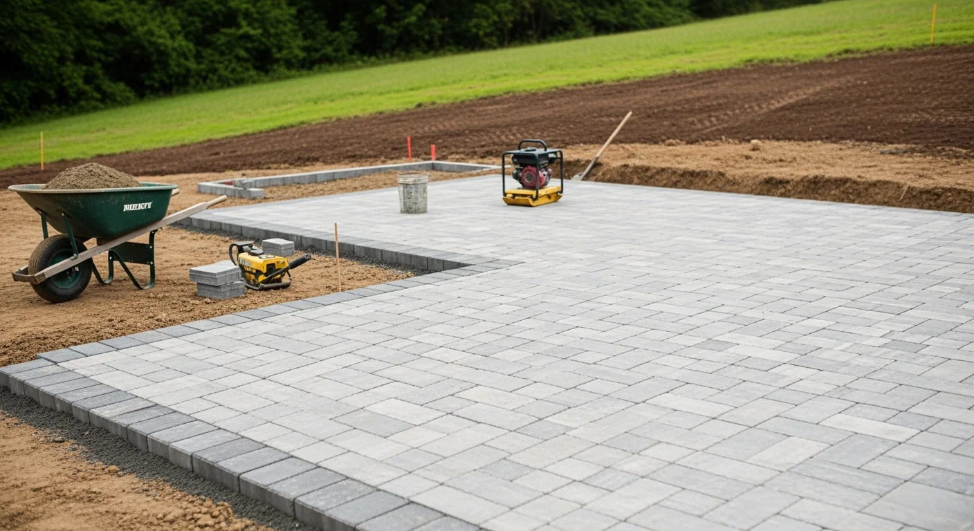 A finished stone patio and walkway installed at a residential property in Adams County, PA, with clean-cut garden borders and a level surface set against a gently sloped backyard. J and K Mowing and Lawn Services LLC hardscaping work shown in a typical Adams County home setting.