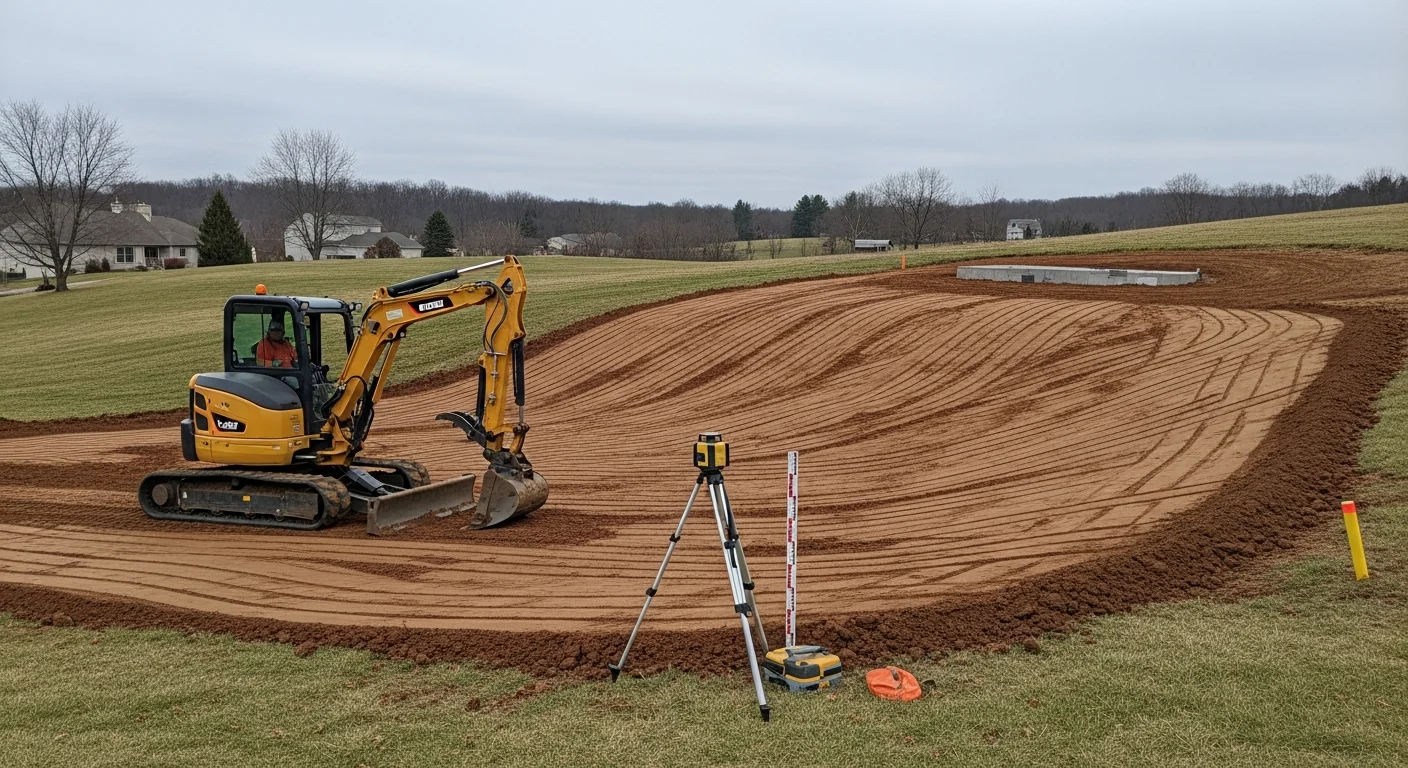 A freshly graded residential lot in Adams County, PA showing smooth, sloped soil angled away from a home's foundation with no standing water. Surrounding rolling terrain and a cleared yard edge are visible in the background.