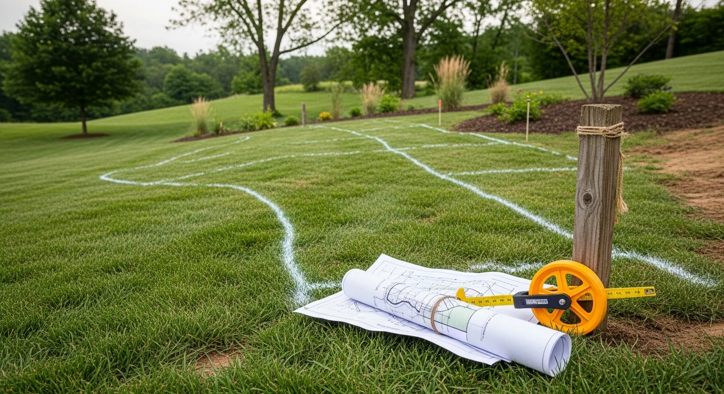 A freshly designed residential front yard in Adams County, PA, featuring defined planting beds, a clean lawn edge, and regionally suited shrubs and ground cover. The property sits against a backdrop of the rolling terrain typical of south-central Pennsylvania.