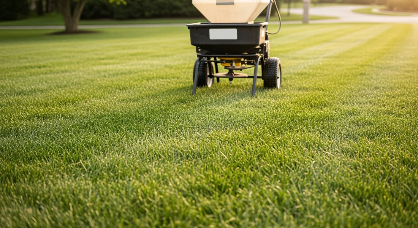 A uniformly green cool-season grass lawn at a residential property in Adams County, PA, showing dense turf coverage with no bare patches or discoloration. A lawn care technician from J and K Mowing and Lawn Services LLC applies granular fertilizer using a walk-behind spreader across the front yard.