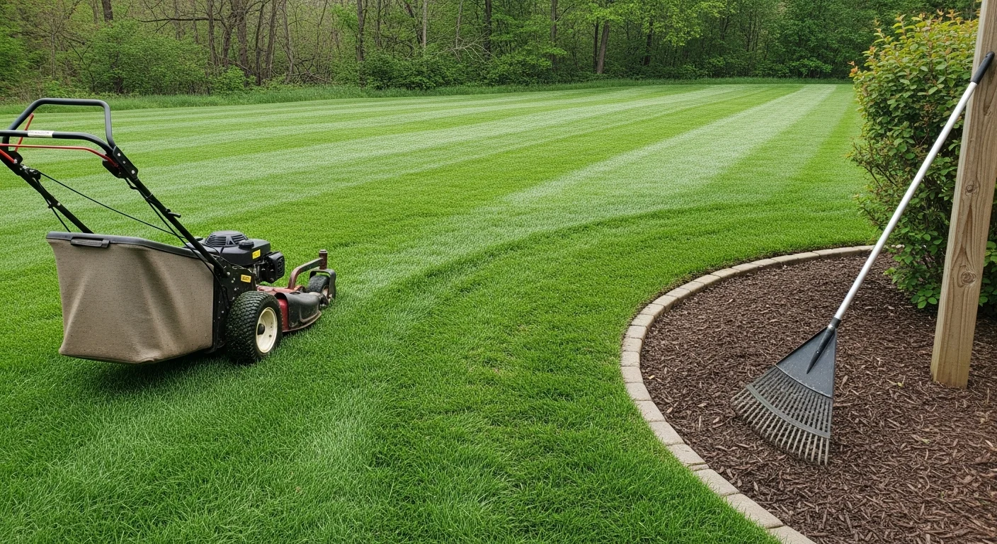 A neatly mowed residential lawn in Adams County, PA with clean mowing lines and trimmed edges along a paved driveway. The cool-season grass shows an even cut height typical of a maintained turf in south-central Pennsylvania.