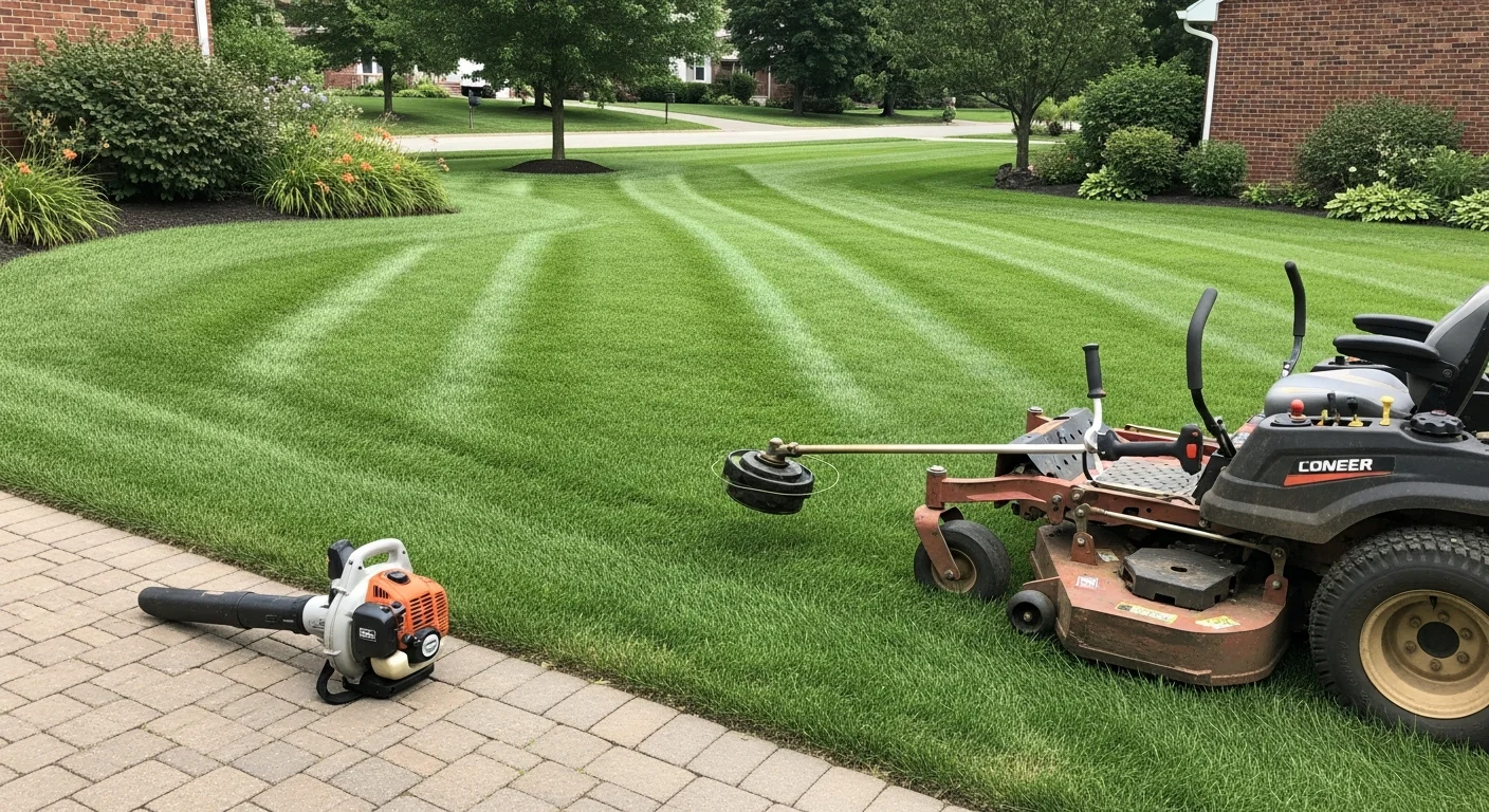 A freshly mowed residential lawn in Adams County, PA with clean mowing lines and edged borders along a concrete driveway. A J and K Mowing and Lawn Services LLC crew member operates a commercial mower on a green cool-season grass lawn on a clear day.