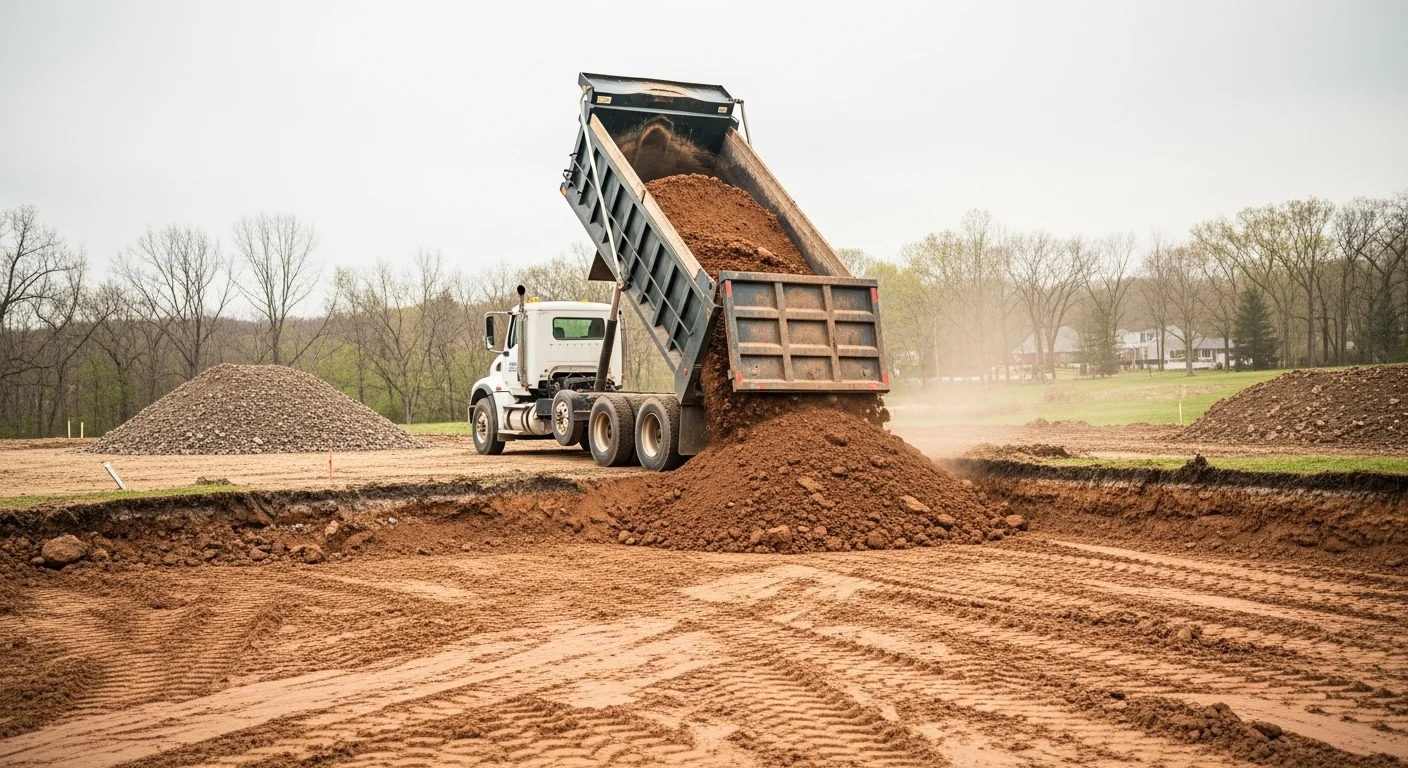 A tracked excavator moves a large load of clay-heavy soil on a residential lot in Adams County, PA. The cleared area shows leveled ground ready for grading or landscaping work.