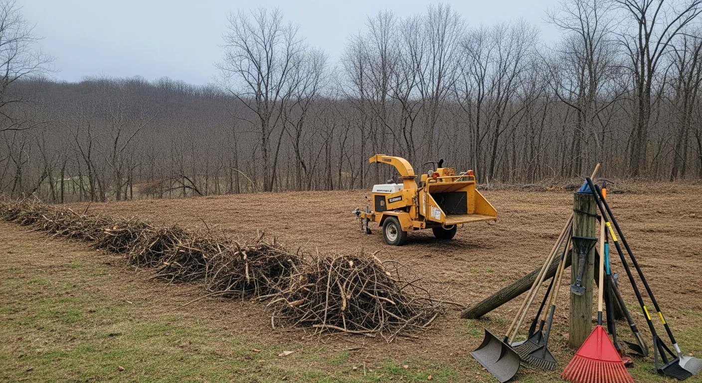 A cleared residential lot in Adams County, PA showing open ground with brush, vines, and overgrowth removed along a fence line. The surrounding rolling terrain and tree line remain intact behind the cleaned property boundary.