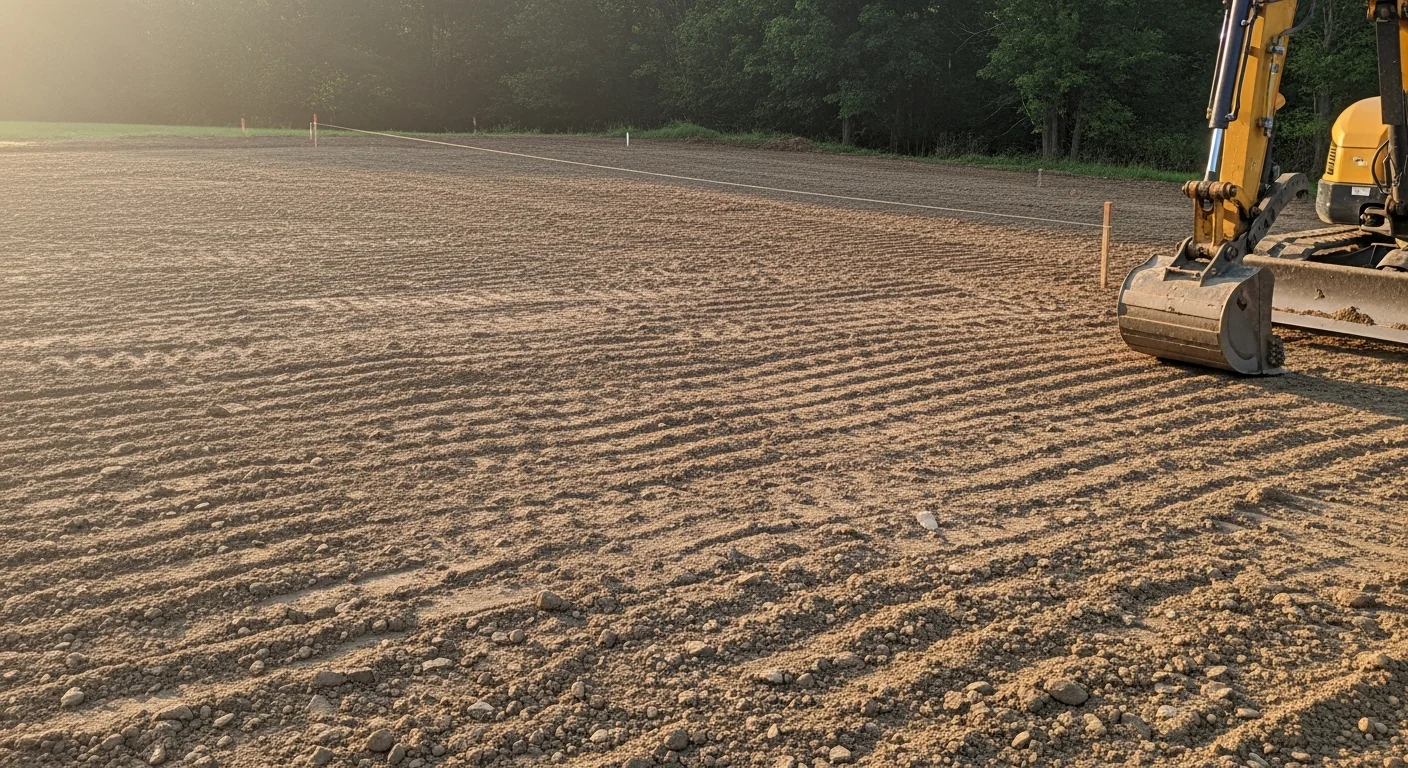 A graded and cleared residential lot in Adams County, PA with leveled soil and defined drainage slope ready for landscaping. A landscaping crew's equipment sits at the edge of the prepared site against a backdrop of rolling Pennsylvania terrain.