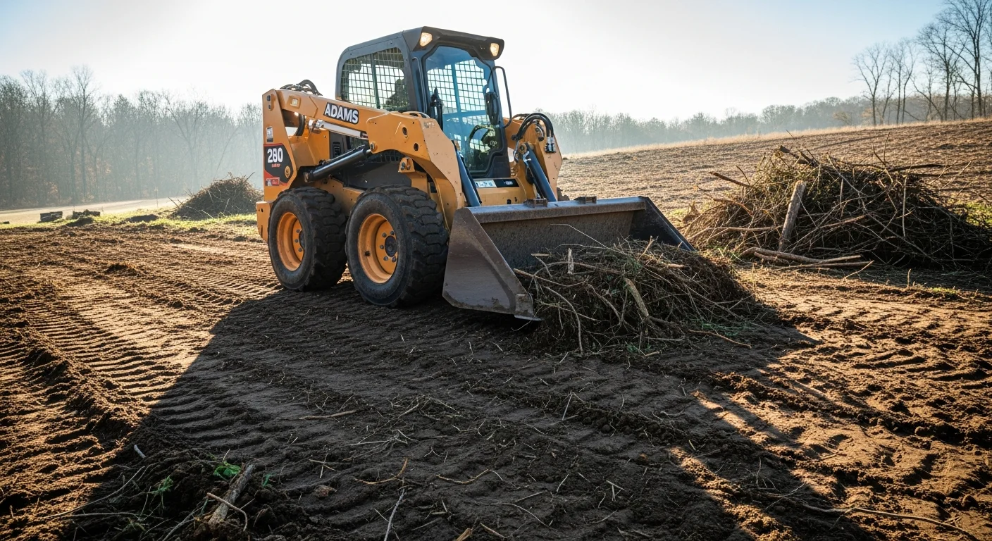 A skid loader grading clay-heavy soil on a residential property in Adams County, PA, with cleared land and rolling terrain visible in the background. The machine is positioned mid-pass, leveling an uneven yard area near a rural home.